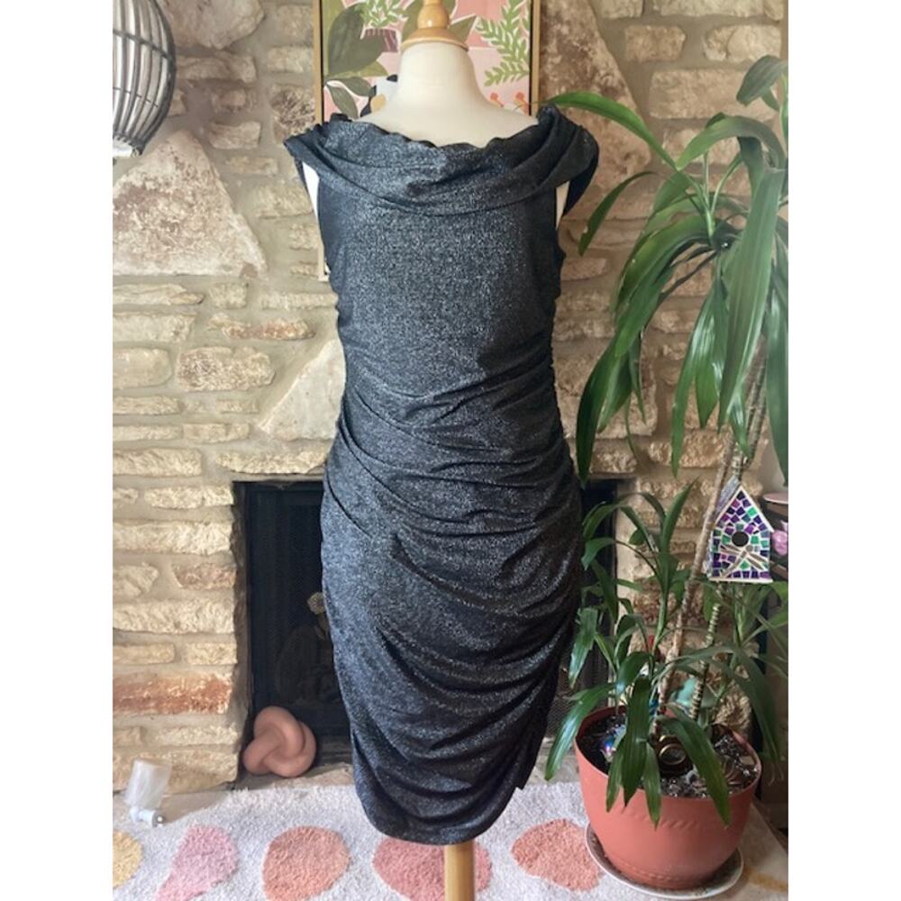 Black Metallic Ruched Cowl Neck Midi Dress - Size Large